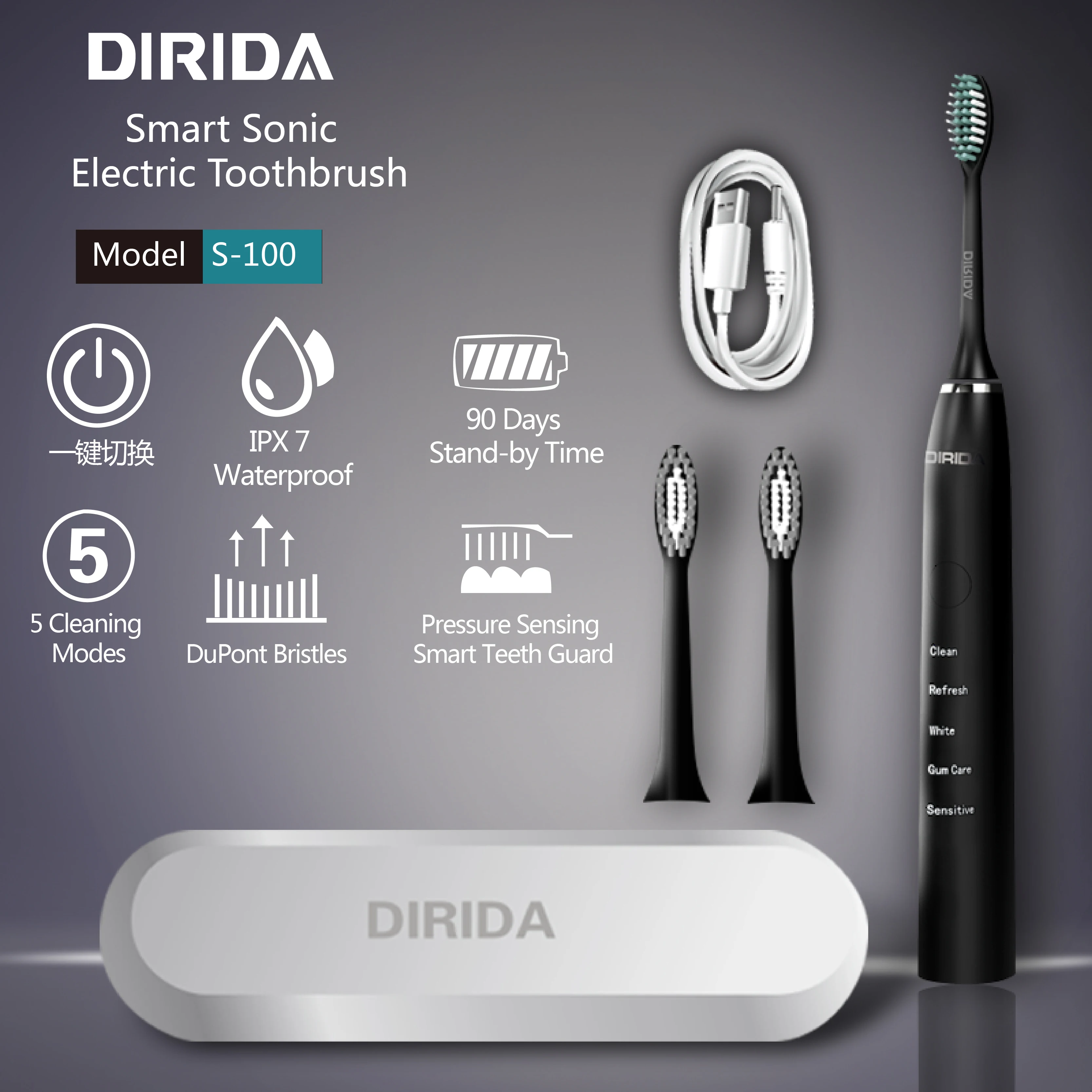 Электрическая зубная щетка DIRIDA S100 перезаряжаемая водонепроницаемая IPX7