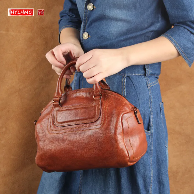 

New Retro Genuine Leather Women Handbag Original Female Cowhide Portable Dumpling Casual Shoulder Diagonal Bags