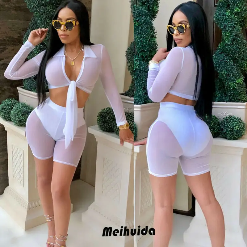 Лето 2019 модный сексуальный женский комплект однотонный прозрачный сетчатый