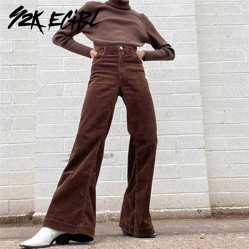 

Y2K EGIRL Streetwear 90s Corduroy High Waist Baggy Pants Indie Aesthetics Vintage Flare Trousers Fashion Casual Outfit Solid