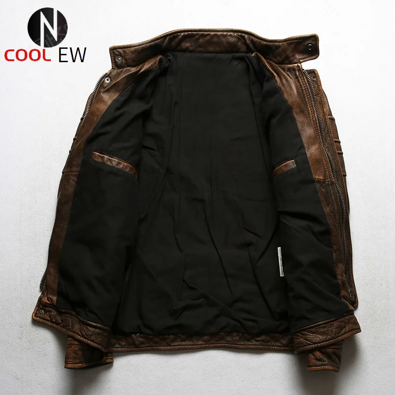 

2021 Vintage Brown Safari Style Genuine Leather Jacket Men Large Size 5XL Stand Collar Real Natural Cowhide Slim Fit Spring Coat