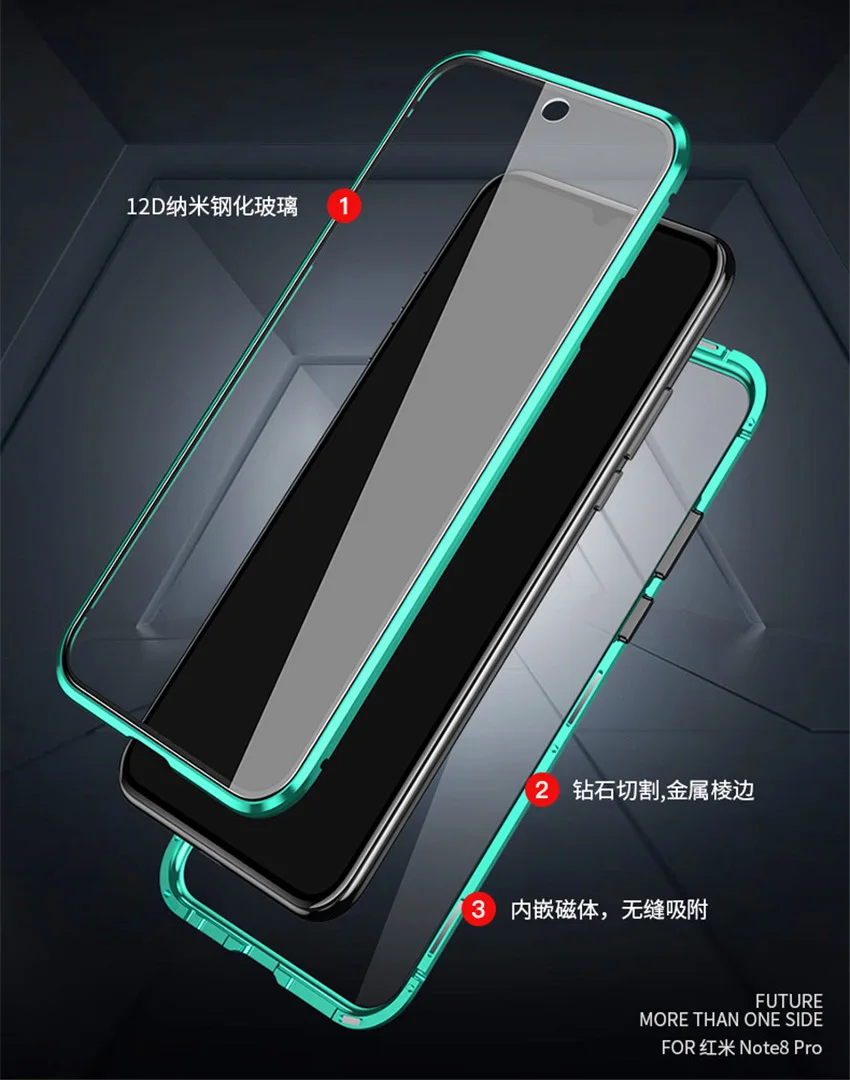 Магнитный чехол R-just с полным корпусом для Xiaomi Redmi Note 8, металлический закаленное стекло, задняя крышка для Xiaomi Redmi Note 8 Pro, чехол