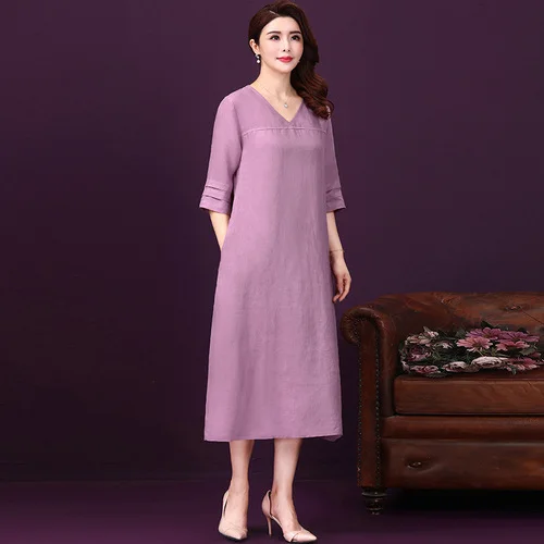 Женское однотонное платье с V-образным вырезом повседневное свободное