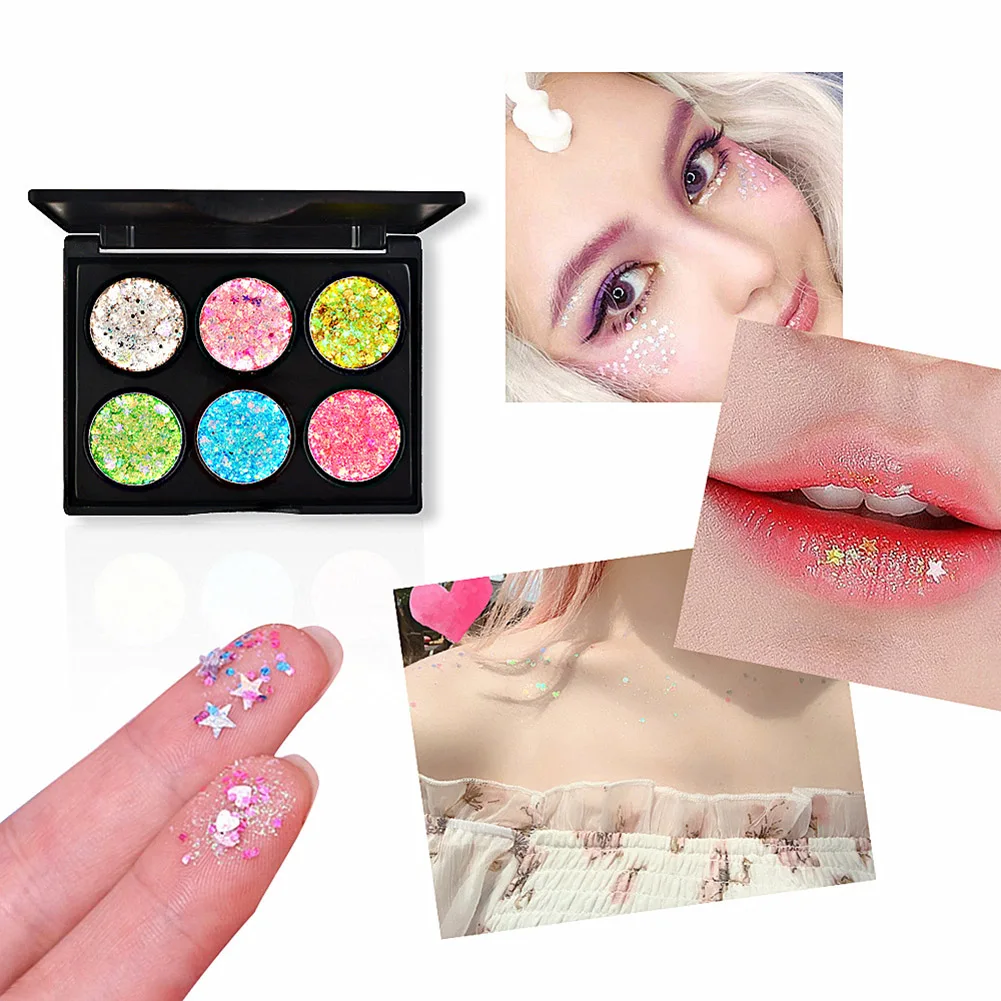 Лучший 6 цветов блестящие тени для век палитра из пайеток переливается Палетка теней глаз с лица и тела