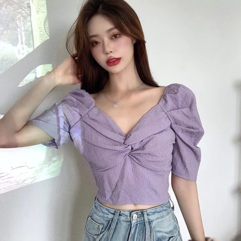 

Summer Women Solid Chest Bow Tied Blouse V-neck Puff Short Sleeve Slim Tees Casual Ladies Blouses Female Sweet Cropped Top