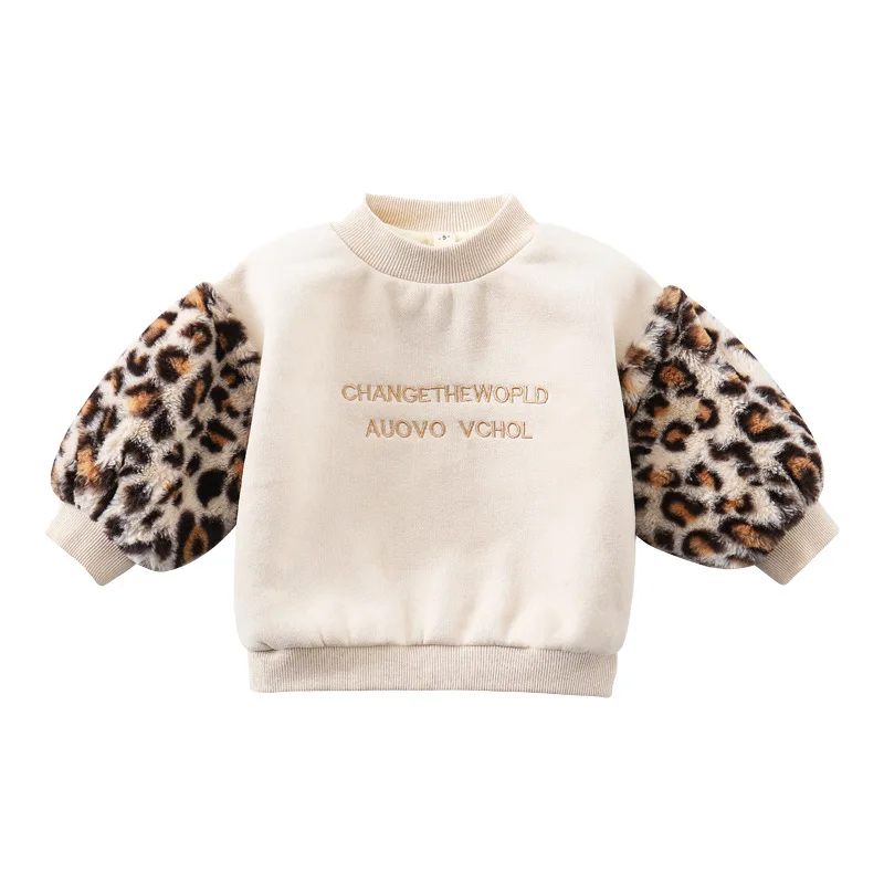 

Girls Leopard Splicing Brushed Hoody 2020 New Coltsfoot Korean Style Versatile Top Fashionable Children's Clothing Tide