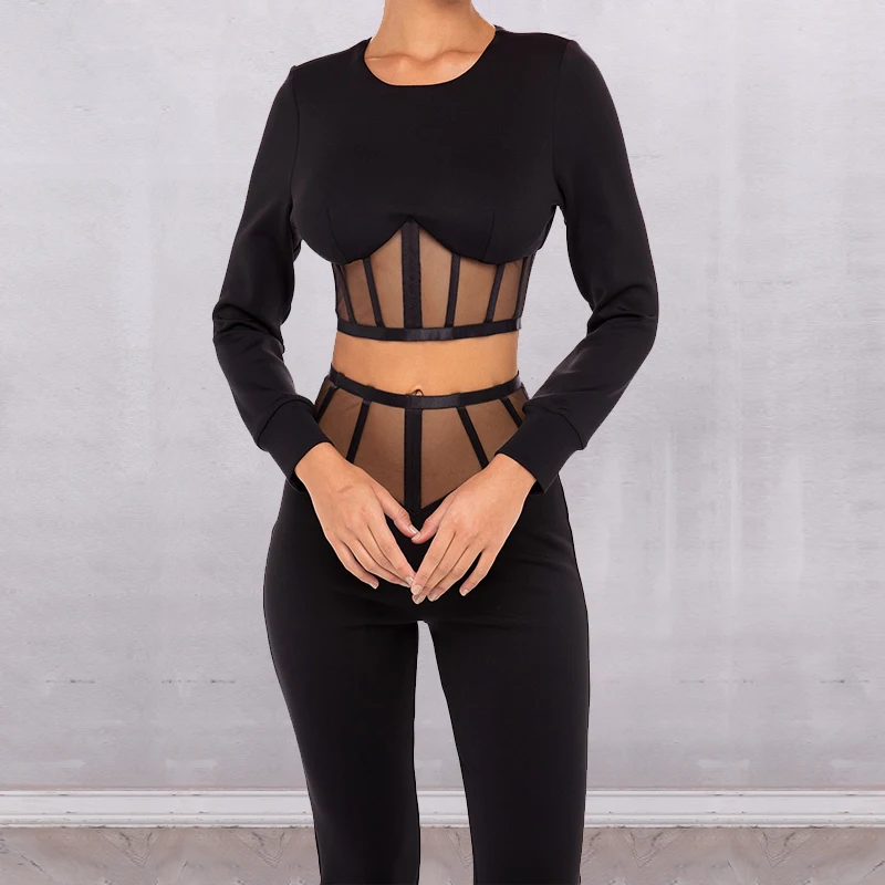 

Sesidy 2021 New Black Bandage Two Pieces Sets Sexy O Neck Long Sleeve Hollow Out Celebrity Evening Party Club Set