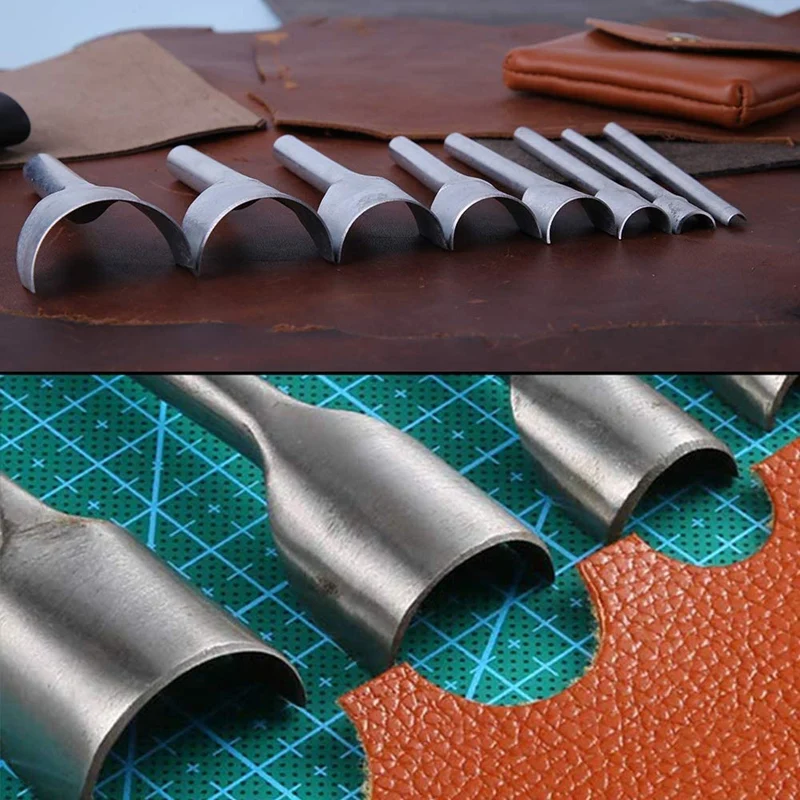 

8 Pcs Half-Round Cutter Punch with 3Pcs Wood Slicker Burnishes Leather Craft Tools Leather Hole Punch for Strap Belt