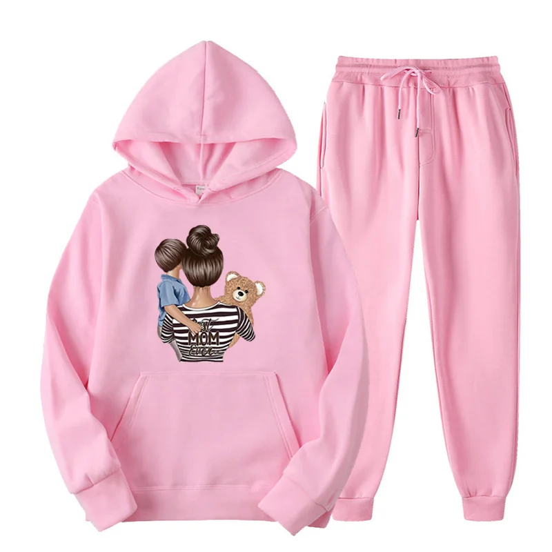 

Womens Two Piece Outfits Autumn Winter Hoodie Cartoon Mom & Baby Print Jogger Pants Tracksuit Streetwear Loose Set Clothes Gray