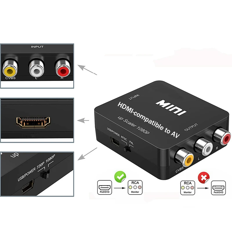 Larryjoe HDMI-совместимый с AV/RCA CVBS адаптер 1080P видео преобразователь 2AV коробка