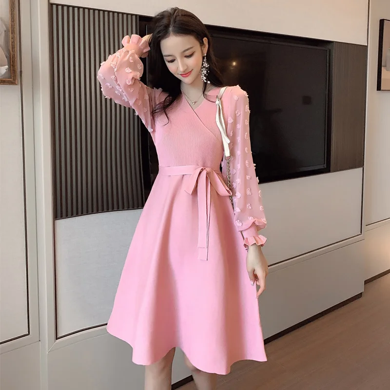 2019 Новое Осеннее винтажное женское платье с длинным рукавом вязаное тонкое