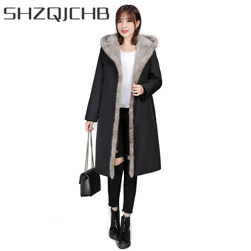 

Женская длинная парка SHZQ, с подкладкой из натурального меха норки, Толстая теплая зимняя куртка с капюшоном, LW1491