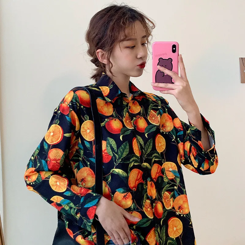 

2020 Spring Autumn New Women Long Sleeve Orange Printed Loose Blouse Shirts Casual Office Shirts Blusas