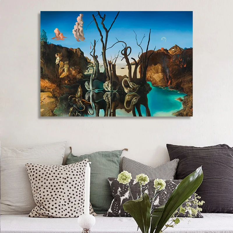 

Swan Reflection Elephant Canvas Painting Abstract Poster and Printed Wall Art Picture Living Room Bedroom