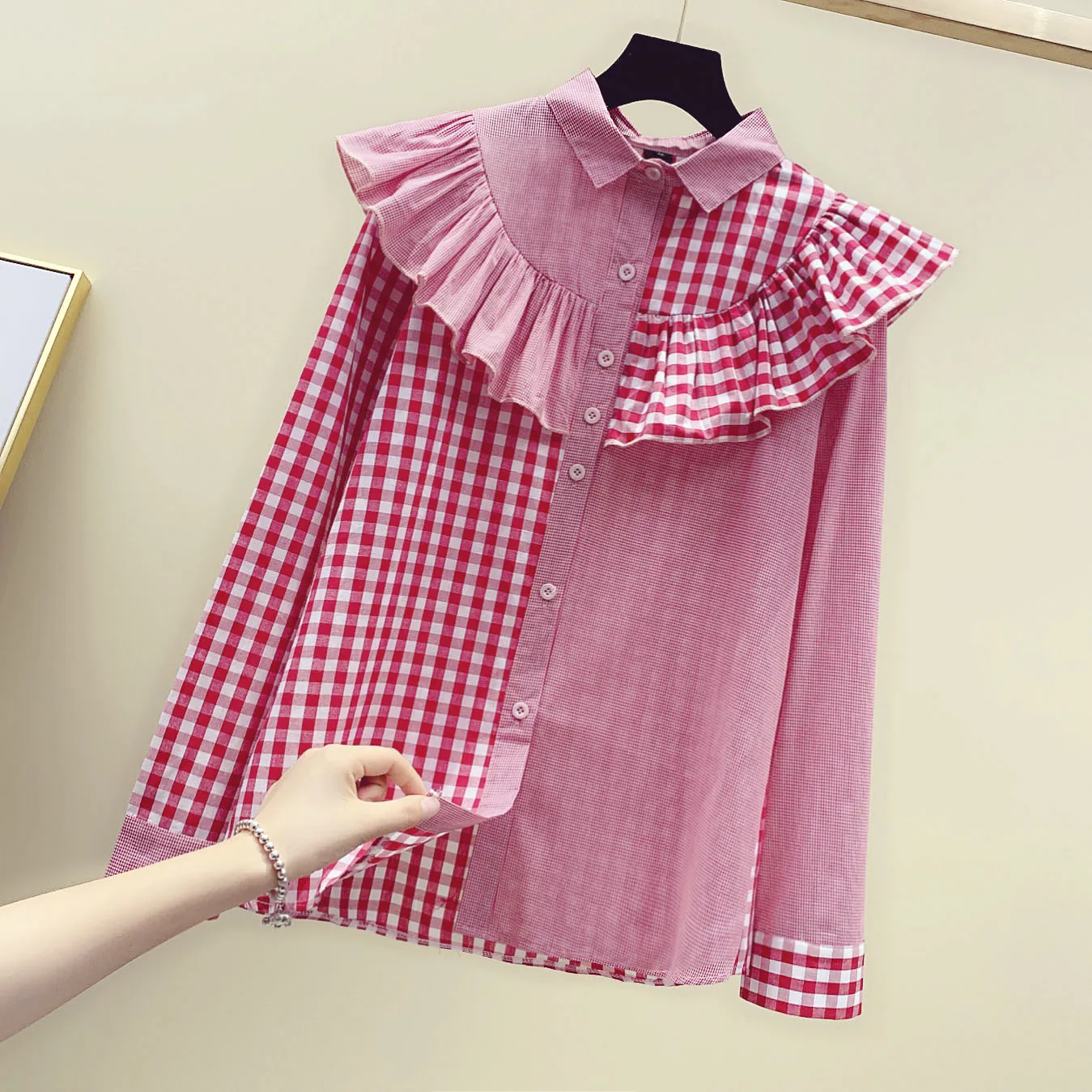 Chemise à carreaux à col rabattu et manches longues pour femmes, nouvelle collection automne 2020, style coréen, haut blouse
