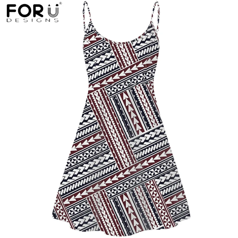 

FORUDESIGNS New Arrival Women Sundress Polynesian Tribe Pattern Printing Female Sleevesless Strappy Summer Beach Swing Vestidos