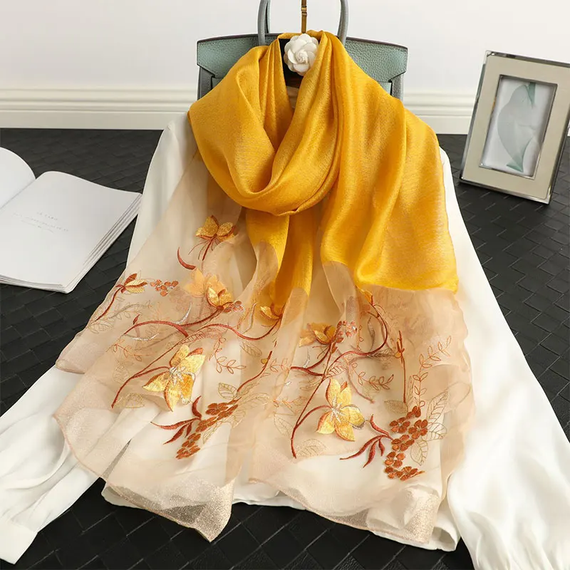 

Lady Floral Embroidery Silk Wool Scarf Luxury Women Hijab 2022 Female Pashmina Long Beach Stoles Shawl Wrap Headbands Scarves