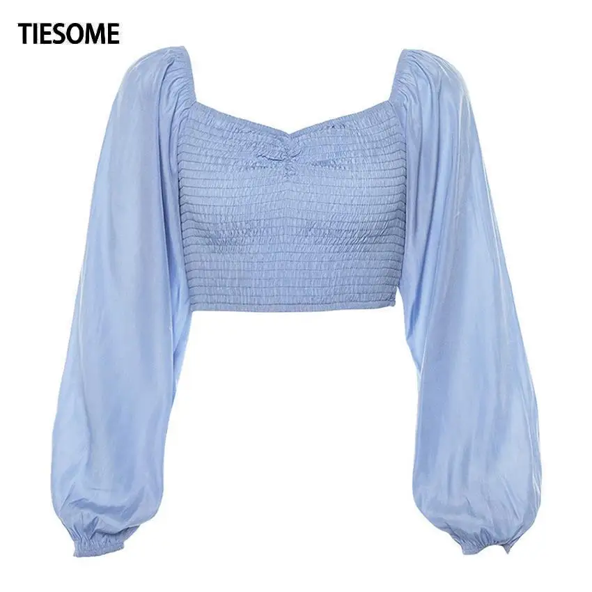 

TIESOME 2020 Summer Women New Off the Shoulder Lantern Sleeve Navel Long Sleeve T-shirt Elegant Female Top Tees Office Lady Tops