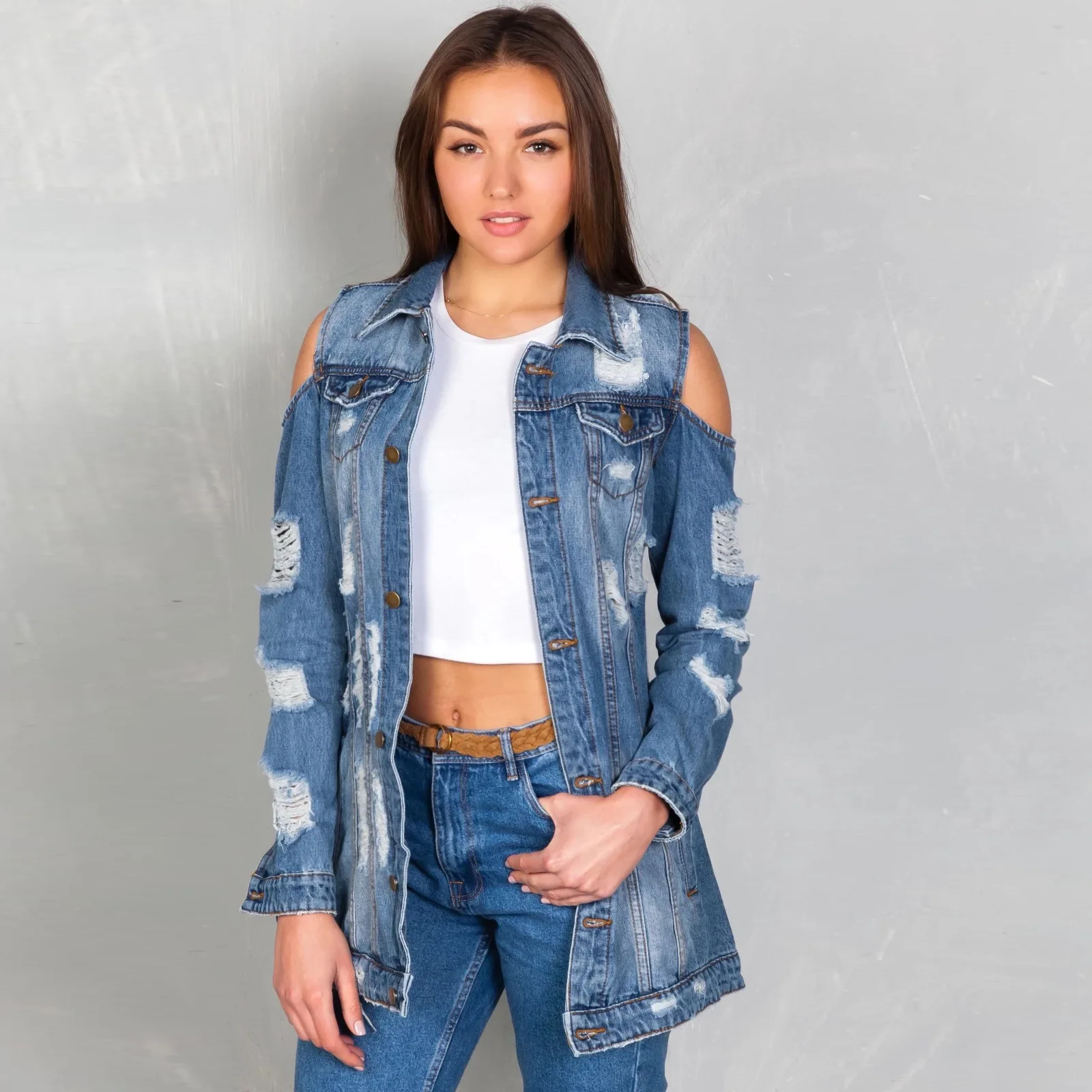 

S-XXL Jacket for Women Off Shoulder Long Sleeve Classic Distressed Fray Hem Jean Jackets