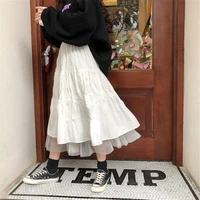 dailou net yarn splicing pleated skirt women black white vintage high waist long skirt korean solid hip hop skirts streetwear