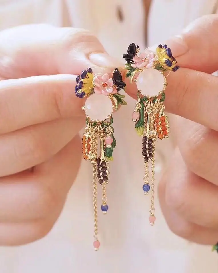 Drop earring Ручной работы Эмаль глазури Моне сад камня цветка Цепочки и ожерелья висячие серьги, серьги, кольцо, ювелирные изделия для вечерние - Окраска металла: Drop earring