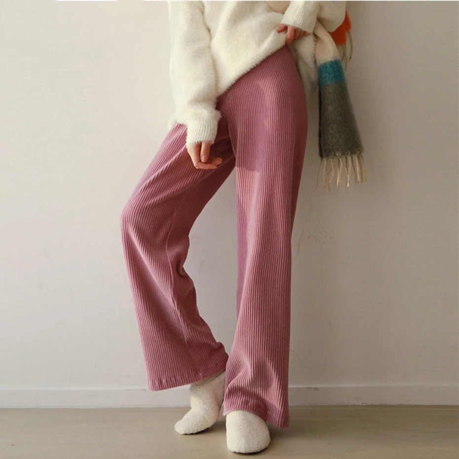 

Korean Style Straight Pants Women Elastic Waist Casual Winter Thickened Corduroy Pants Wide Leg Trouser Pinkk Female Plus Size