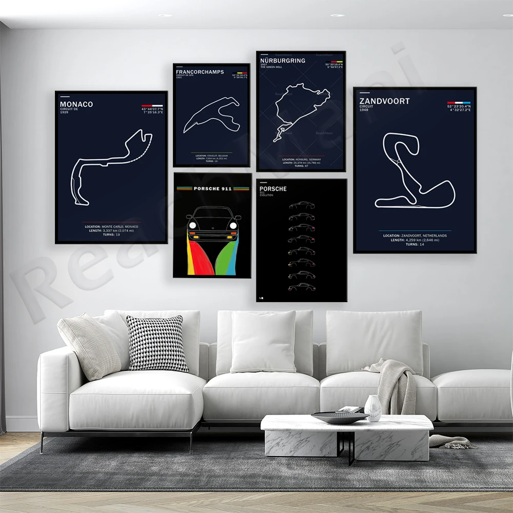 

Zandvoort poster, Monaco, Nürburgring circuit prints, 911 evolution story, color printed poster