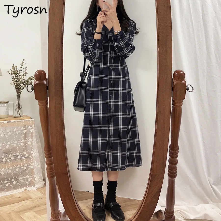 

Plaid Long Sleeve Dress Women Retro Button V-neck Defined Waist Vestidos Hong Kong Style Empire A-line Gentle Midi Dresses Girls