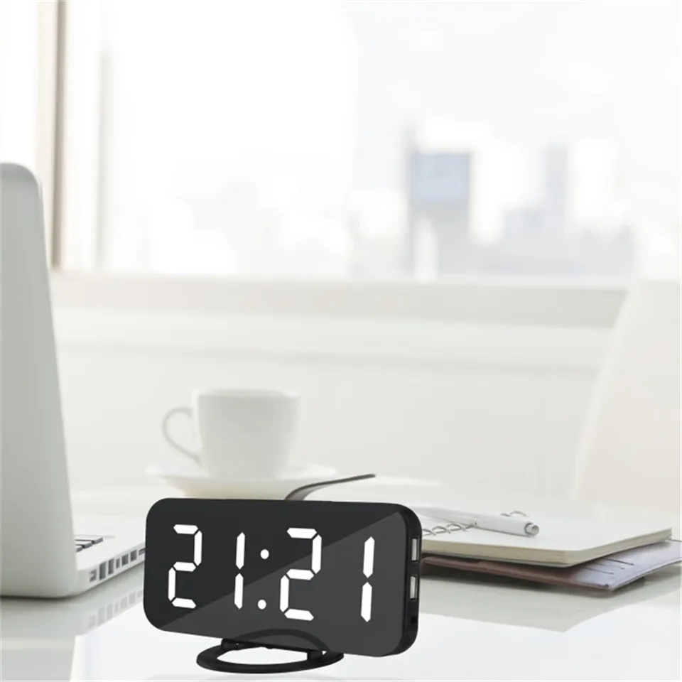Multifunction Art Digital Display Wall Clock with Two Phone USB Charge Port Simple Modern Mirrored Electronic Snooze Alarm | Дом и сад