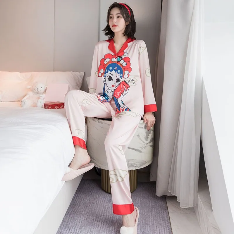 

Pink Chinese Cartoon Print 2PCS Pyjamas Set Women Nightwear Long Sleeve Shirt&Pant Home Clothes Faux Silk Autumn Sleepwear