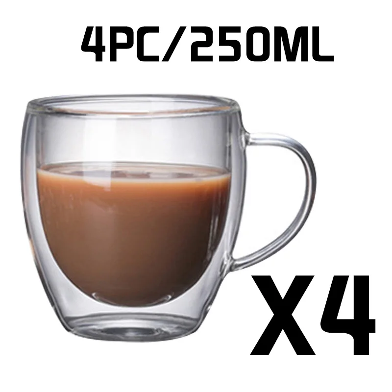 4PC glass 250 ML Кофейные кружки с ручкой чашки для напитков с двойными стенками, стеклянная чайная чашка с изоляцией, стакан для напитков, бокал для вина es - Цвет: 4PC glass 250 ML