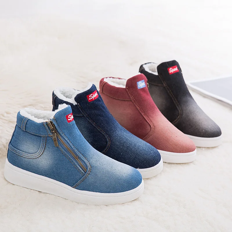 Зимние женские ботинки из джинсовой ткани Классическая Повседневная обувь с