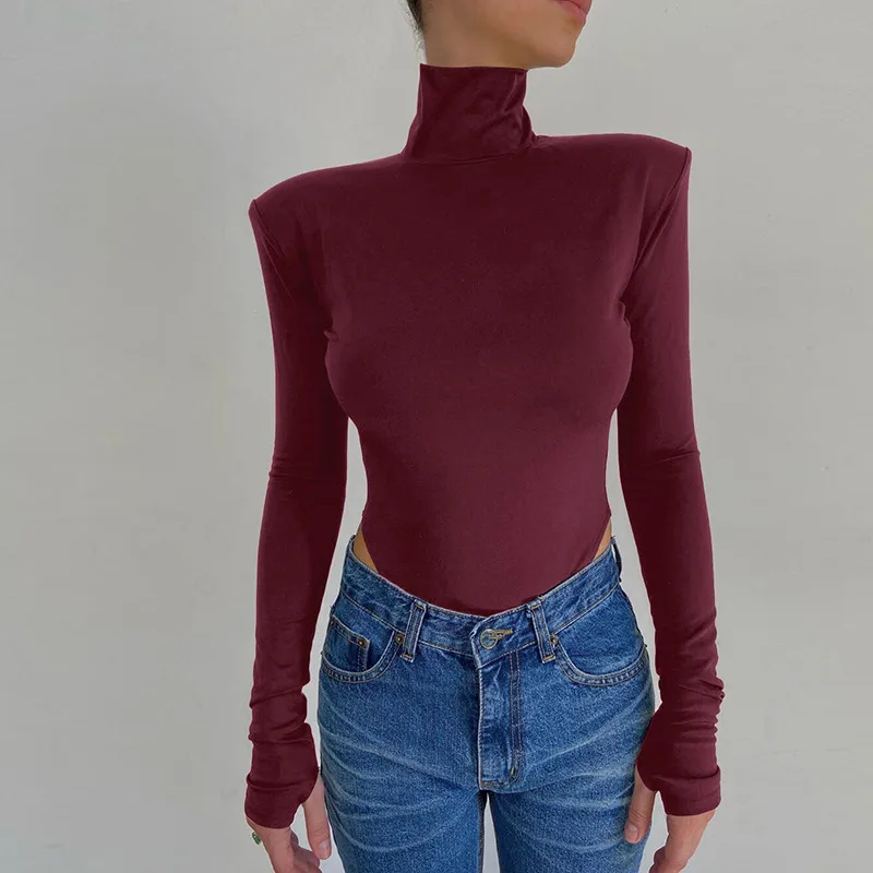 

Solie Women Backless Bodysuit Long Sleeve Shoulder Pad Turtleneck Bodycon Sexy Party Elegant Autumn Winter Body Basic