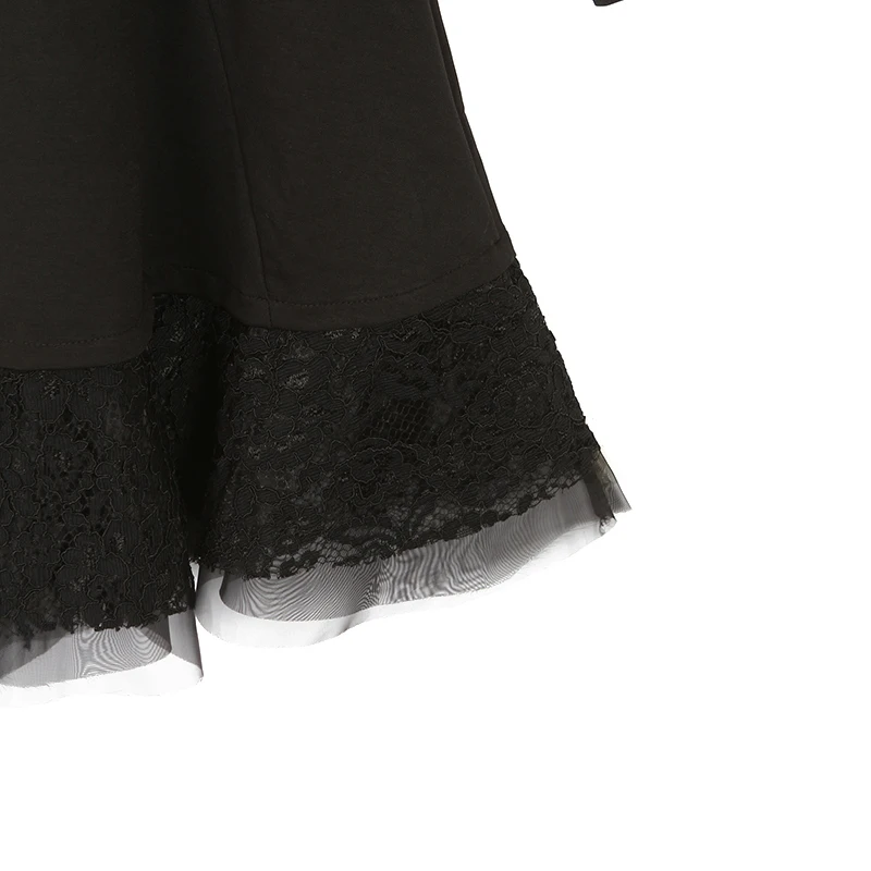 

Black Solid Hem Lace Mesh Applique Pleated Sheer Dress Women Spring Autumn V-neck Fit Flare High Waist Party Knee Length Dresses
