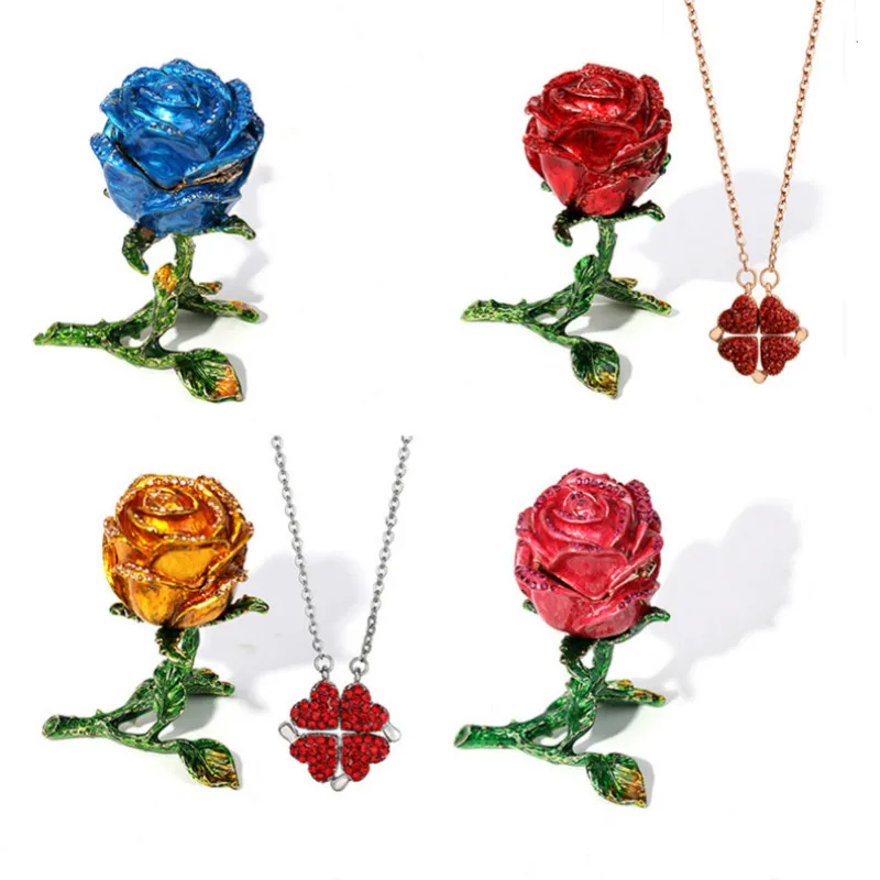

2020 New Luxury Fashion Alloy Enamel Steric Rose Flower Jewelry Gift Box Necklace Rings Earrings Gifts Boxes Pack Carrying Cases