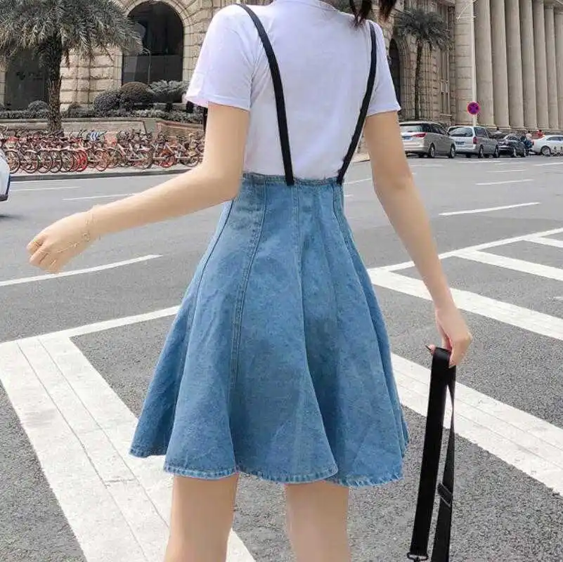

Women Fashion Slim Single-breasted High Waist A Line Mini Denim Skirt Teen Girls Sweet Cowboy Suspender Jeans Skirt Mujer Faldas