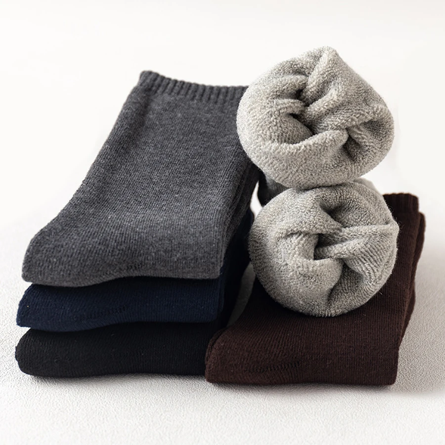 

Thick Warm Cotton Men Socks 5 Solid Colors Black Light Gray Brown Navy Dark Grey Casual Crew Style Spring Autumn Winter