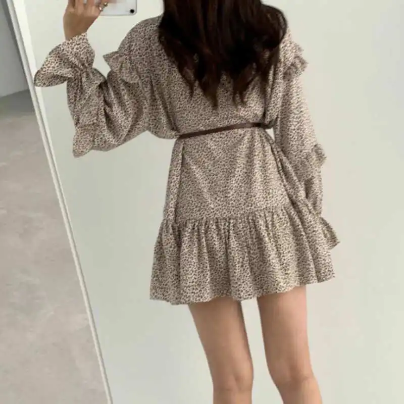 

Elegant Ruffles Patchwork Dress Women High Waist Hip A Line Sashes Vestidos V Neck Pullover Long Sleeve Robe Spring 2021
