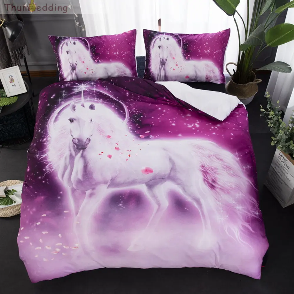 Thumbedding Fluorescent Bedding Set Unicorn Duvet Cover 3D Horse Polyester Material Bed For Bedroom with Pillowcase | Дом и сад