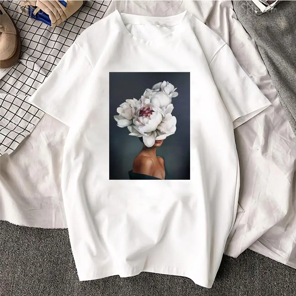 

Women Fashion Tshirt O-neck Short Sleeve T-shirt White Tops Female Clothing Maycaur Sexy Flowers Feather Print Harajuku T Shirt