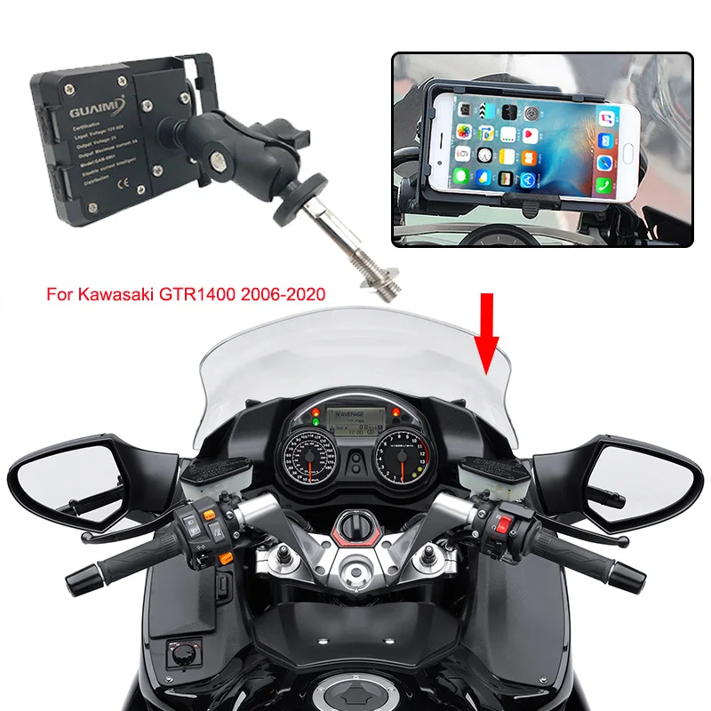 

For Kawasaki GTR1400 GTR 1400 2006-2020 Motorcycle USB Charger Mobile Phone Holder 4.0 to 6.3 inches GPS Navigation Bracket