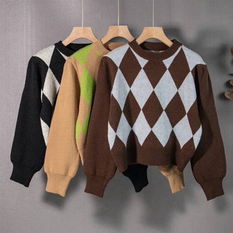 

Aibeautyer 2022 Women Autumn Winter Knitted Color Blocking Vintage Checkered Pullovers Fashionable Short Top Sweaters