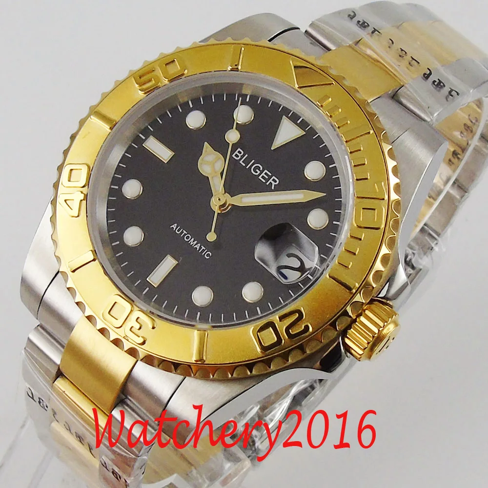 

40mm Bliger Sapphire glass Black dial ceramic bezel Yellow Gold plated Luminous Marks NH35 Automatic movement Men's Watch