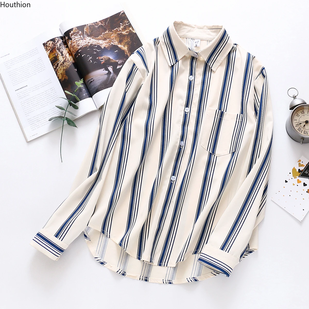 

Women's Blouses Chiffon Polo Shirts Casual Shirt Plus Size Loose Top Print Tops Stripe Long Sleeve Summer Lady Blouse Houthion