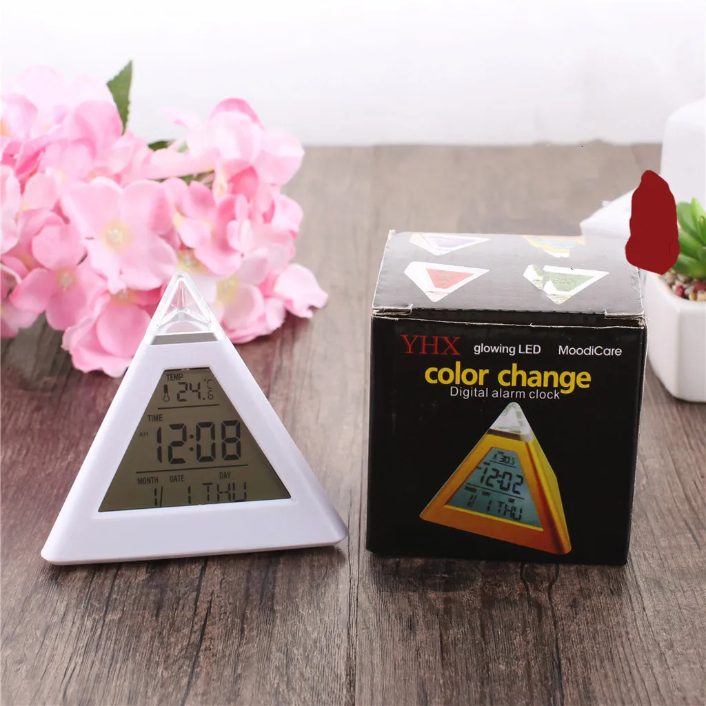 Треугольная пирамида время 7 цветов светодиодный маленький цифровой будильник
