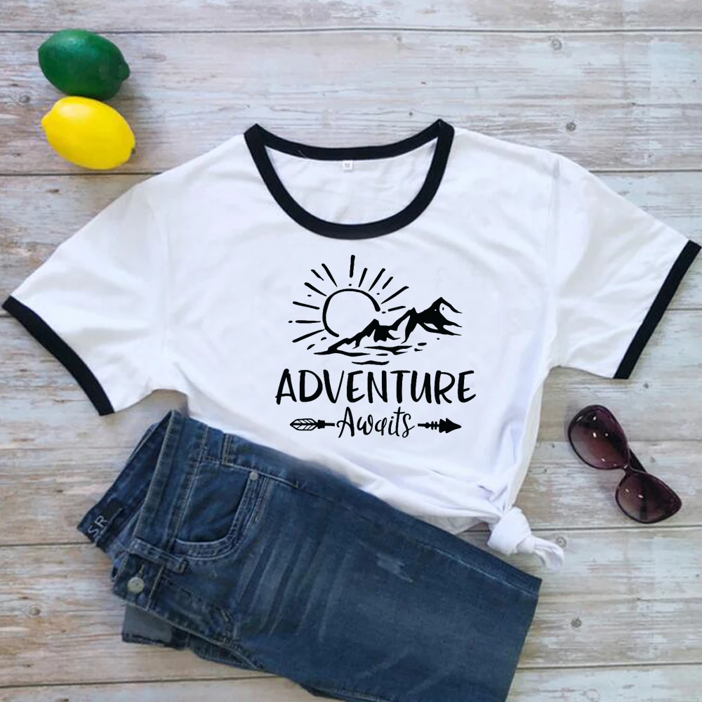 

Adventure Awaits Sun and Mountains Christian T Shirts Women Easter Motivational Graphic Tshirt Religious Tops Cotton 90s Clothes