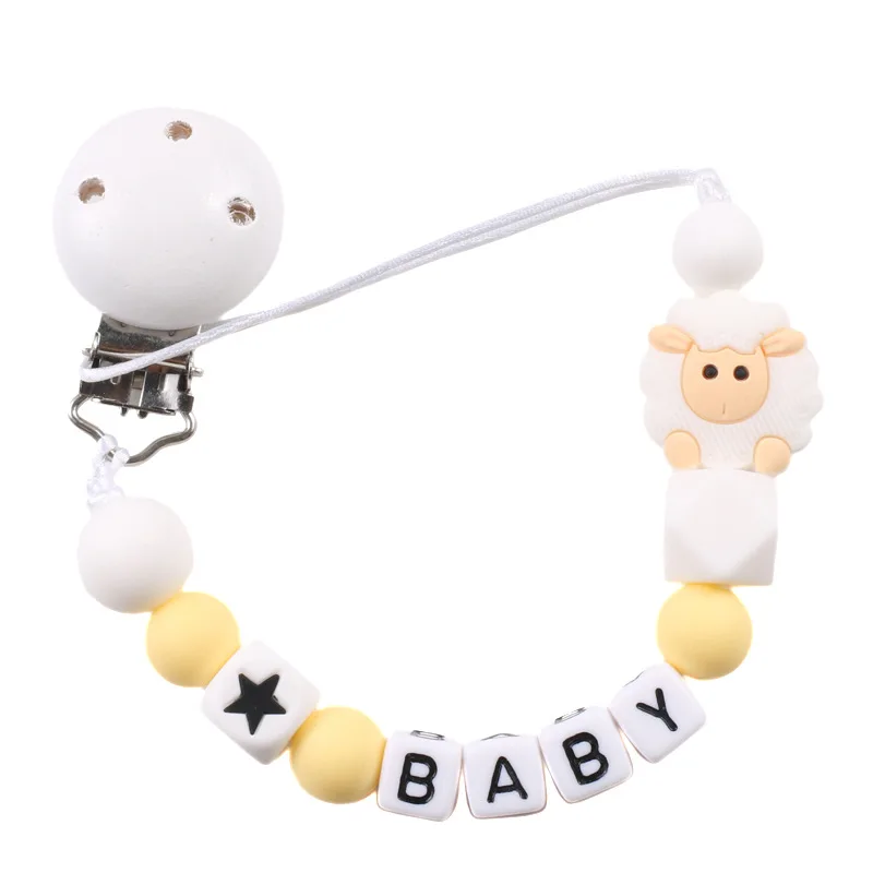 Pacifier Clips Name Customized Sheep Silicone Pacifier Chain Colorful Teething Beads Feeding Nursing Soother Holder Dummy Clip