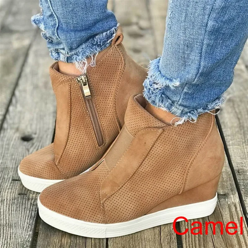 camel Женские кроссовки; дышащая обувь на танкетке; Вулканизированная обувь на платформе; женская повседневная обувь из искусственной кожи; tenis feminino; - Цвет: camel