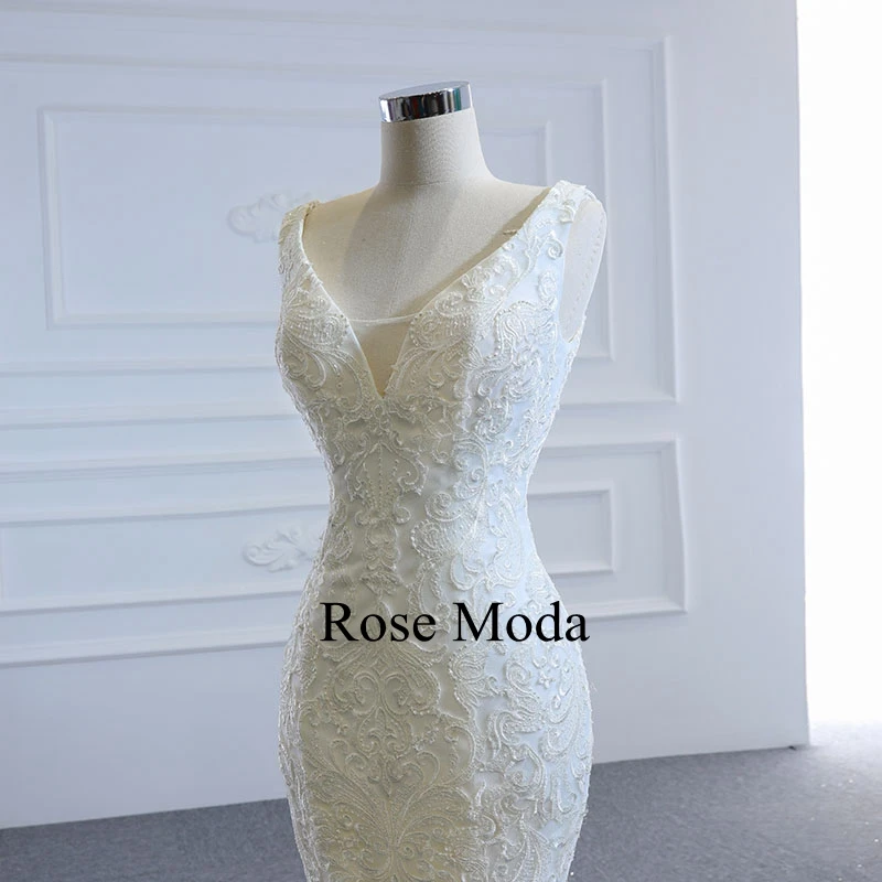 

Rose Moda Luxury V Neck Lace Mermaid Wedding Dress with Long Train Custom Make