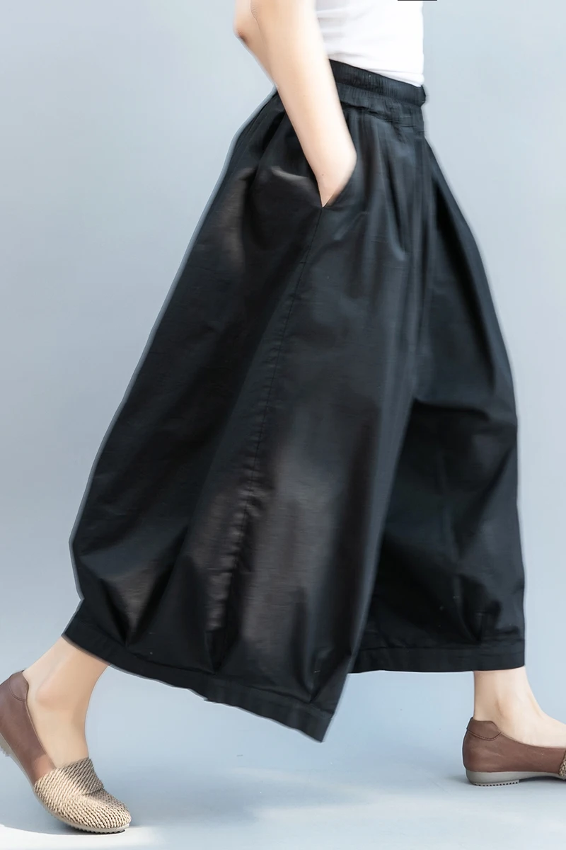 

SuperAen Wide Lantern Type Elastic Waist Loose Plus Size Trousers Solid Black Ankle-Length Pants Women